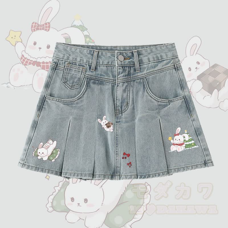 MODAKAWA プレイフルバニーグラフィック デニムプリーツスカート - 青 - 5XL - image 1