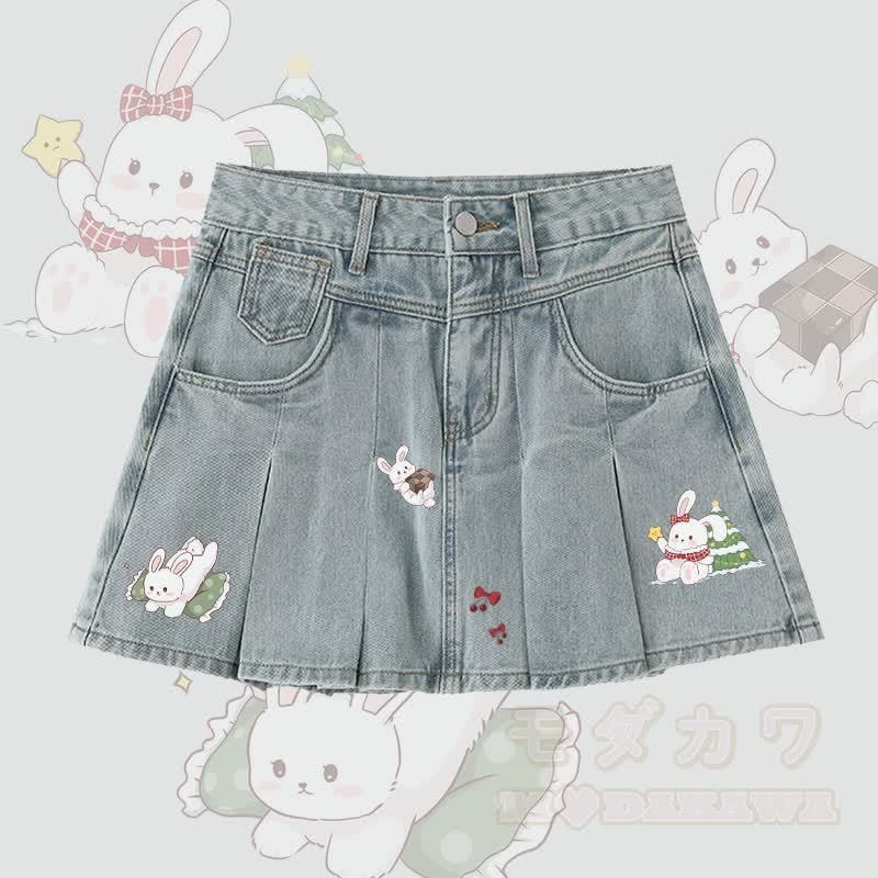 MODAKAWA プレイフルバニーグラフィック デニムプリーツスカート - 青 - 5XL - image 1