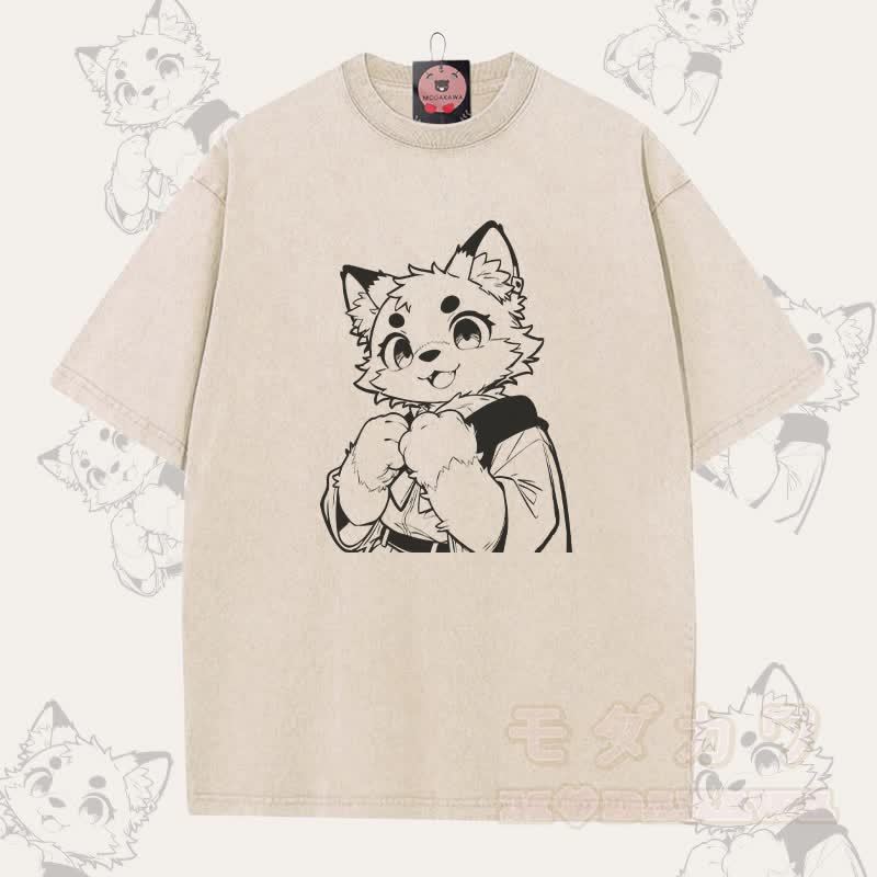 MODAKAWA キュートな猫の足跡グラフィック ユニセックス ヴィンテージウォッシュTシャツ - アプリコット - 5XL - image 2