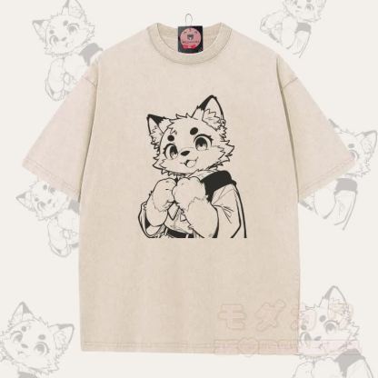 MODAKAWA キュートな猫の足跡グラフィック ユニセックス ヴィンテージウォッシュTシャツ - アプリコット - 5XL - image 2