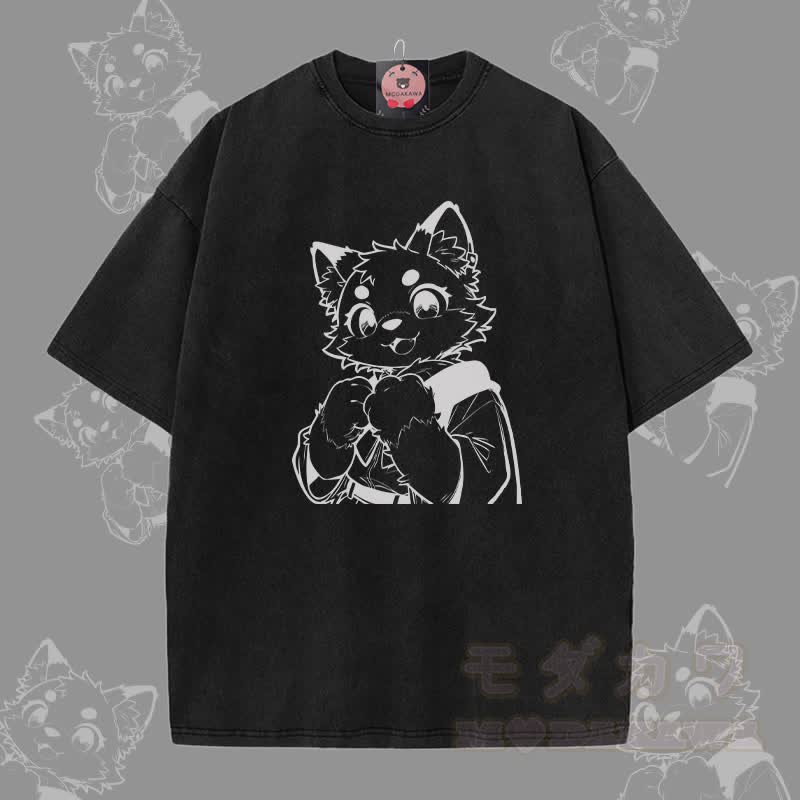 MODAKAWA キュートな猫の足跡グラフィック ユニセックス ヴィンテージウォッシュTシャツ - 黒 - 5XL - image 1