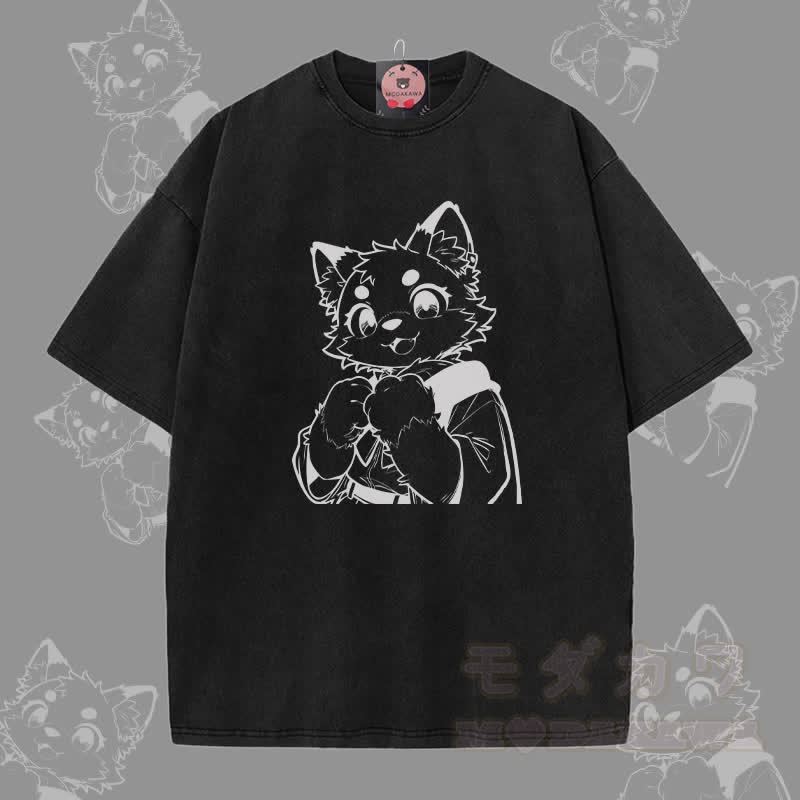MODAKAWA キュートな猫の足跡グラフィック ユニセックス ヴィンテージウォッシュTシャツ - 黒 - 5XL - image 1