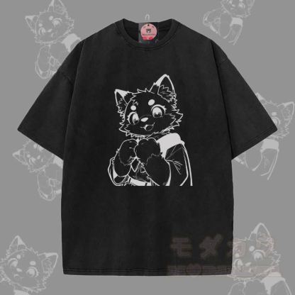MODAKAWA キュートな猫の足跡グラフィック ユニセックス ヴィンテージウォッシュTシャツ - 黒 - 5XL - image 1
