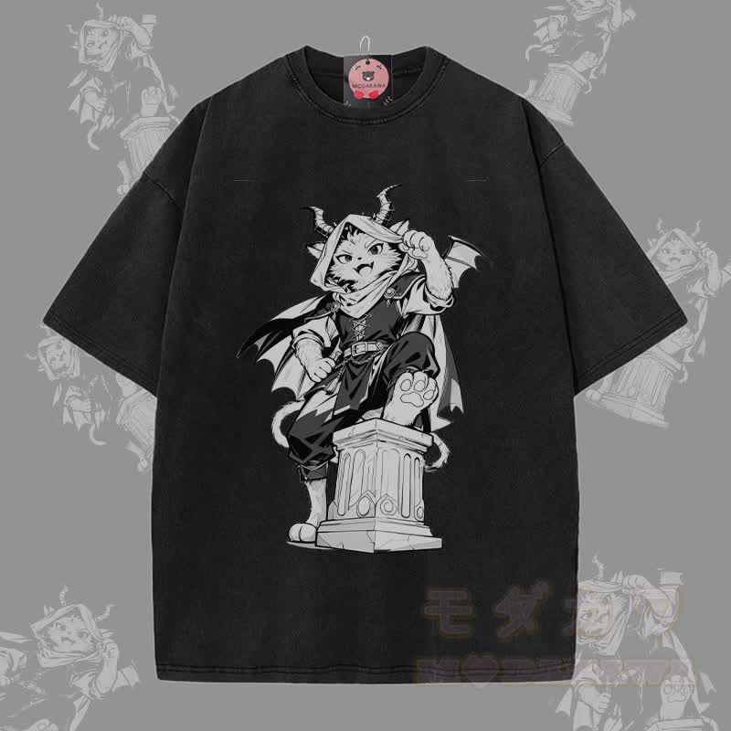 MODAKAWA ダークナイトキャットグラフィック ユニセックス ヴィンテージウォッシュTシャツ - 黒 - 5XL - image 2