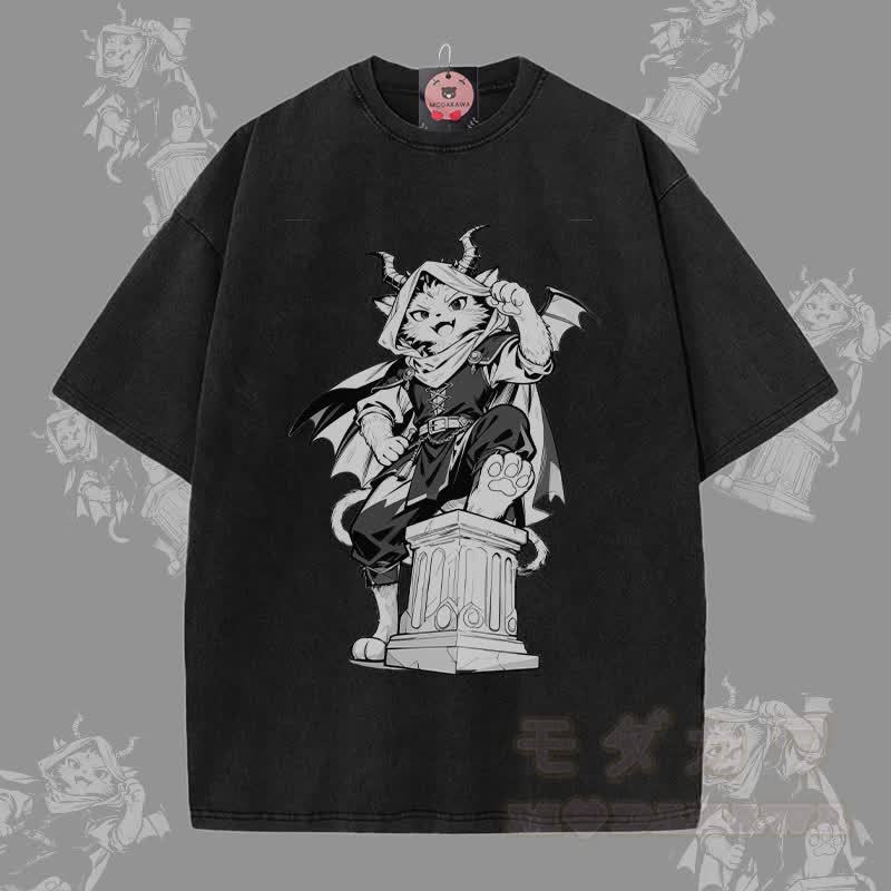 MODAKAWA ダークナイトキャットグラフィック ユニセックス ヴィンテージウォッシュTシャツ - 黒 - 5XL - image 2