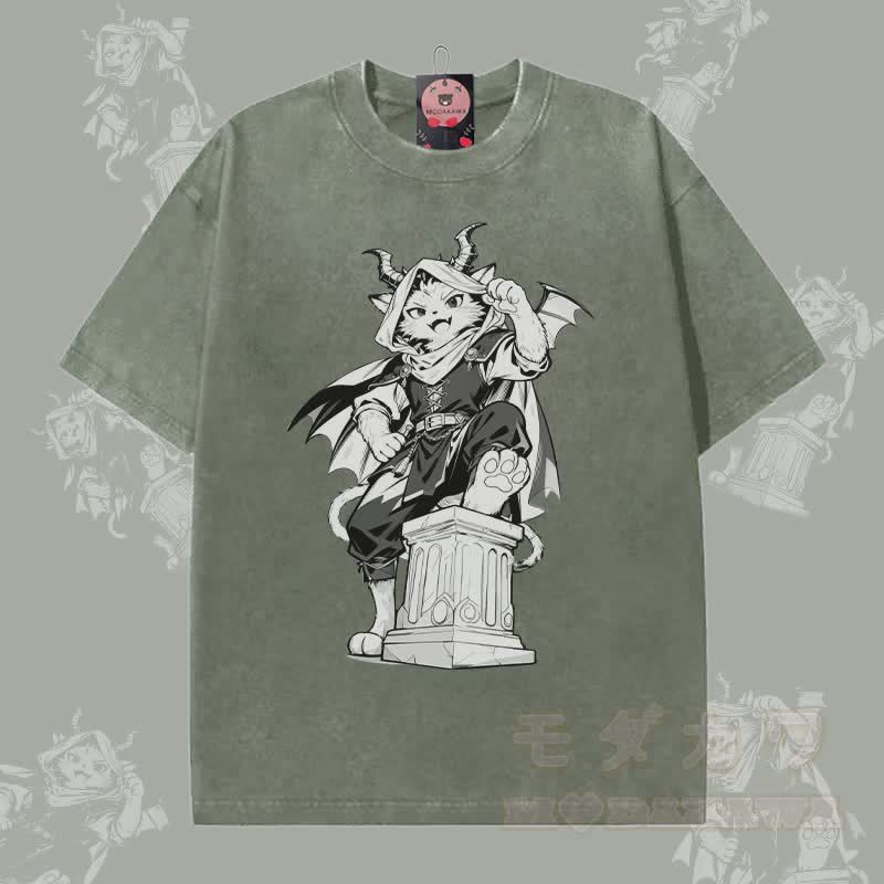 MODAKAWA ダークナイトキャットグラフィック ユニセックス ヴィンテージウォッシュTシャツ - ダークグリーン - 5XL - image 1