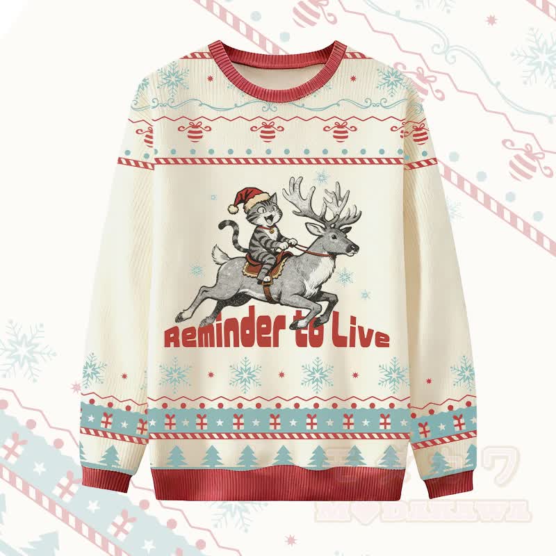 MODAKAWA REMINDER TO LIVE トナカイに乗る猫のクリスマスグラフィックセーター - 白 - 4XL - image 1