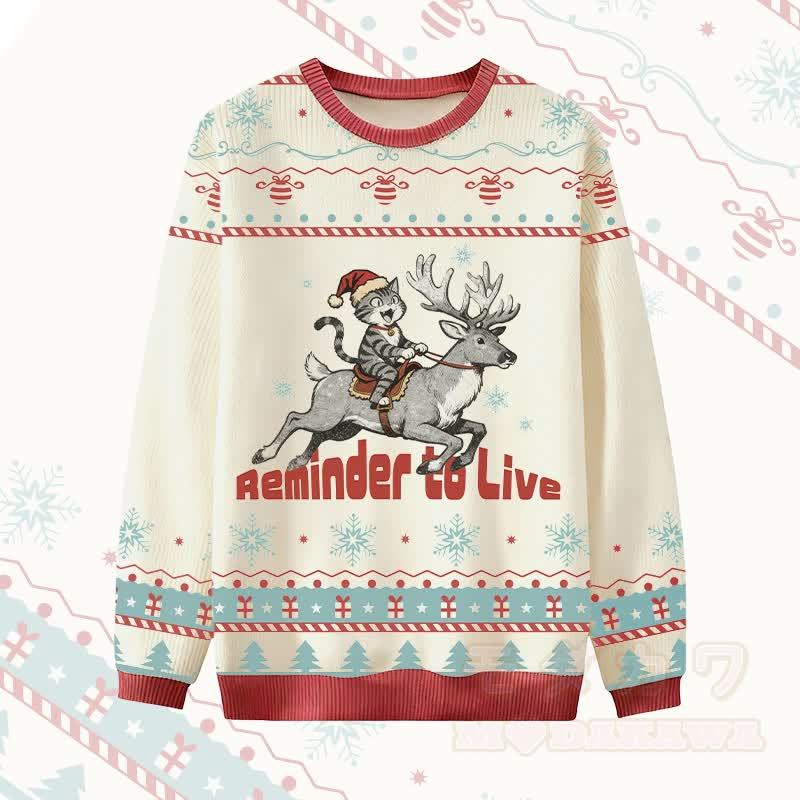 MODAKAWA REMINDER TO LIVE トナカイに乗る猫のクリスマスグラフィックセーター - 白 - 4XL - image 1