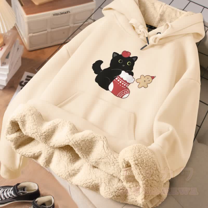 MODAKAWA クリスマス 黒猫 グラフィック 厚手 裏起毛冬パーカー - アプリコット - 2XL - image 2