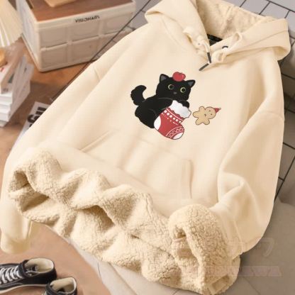 MODAKAWA クリスマス 黒猫 グラフィック 厚手 裏起毛冬パーカー - アプリコット - 2XL - image 2