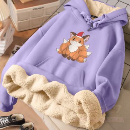 MODAKAWA クリスマス 九尾の狐 グラフィック 厚手 裏起毛冬パーカー - 紫 - 2XL - image 2