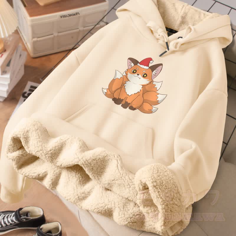 MODAKAWA クリスマス 九尾の狐 グラフィック 厚手 裏起毛冬パーカー - アプリコット - 2XL - image 1