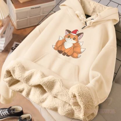 MODAKAWA クリスマス 九尾の狐 グラフィック 厚手 裏起毛冬パーカー - アプリコット - 2XL - image 1