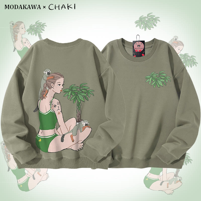 MODAKAWA X chaki ガール＆モンキー グラフィック ユニセックス スウェットシャツ - Light Khaki - 5XL - image 1