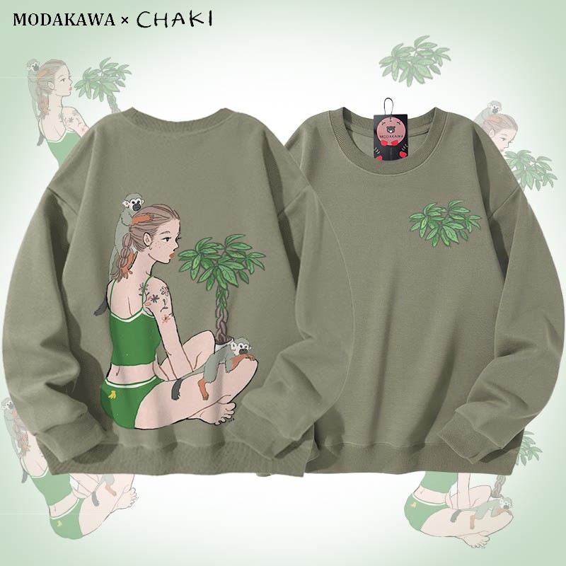 MODAKAWA X chaki ガール＆モンキー グラフィック ユニセックス スウェットシャツ - Light Khaki - 5XL - image 1