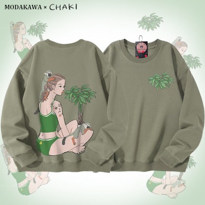 MODAKAWA X chaki ガール＆モンキー グラフィック ユニセックス スウェットシャツ - Light Khaki - 5XL - image 1