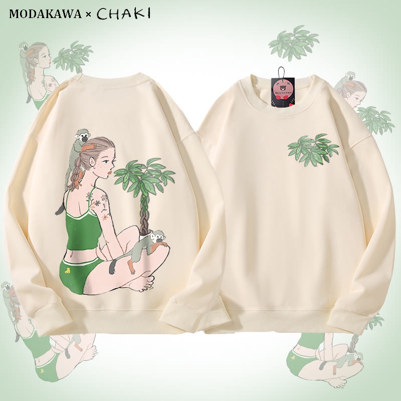 MODAKAWA X chaki ガール＆モンキー グラフィック ユニセックス スウェットシャツ - Beige - 5XL - image 2