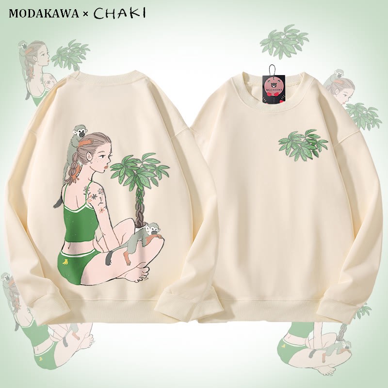 MODAKAWA X chaki ガール＆モンキー グラフィック ユニセックス スウェットシャツ - Beige - 5XL - image 2