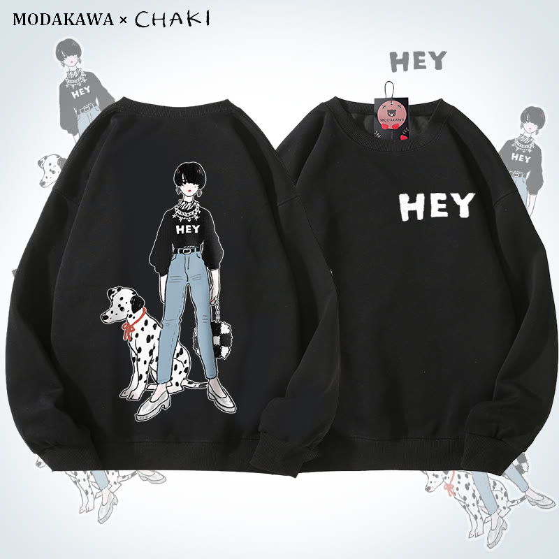 MODAKAWA X chaki ガール＆ダルメシアン グラフィック ユニセックス スウェットシャツ - Black - 5XL - image 1