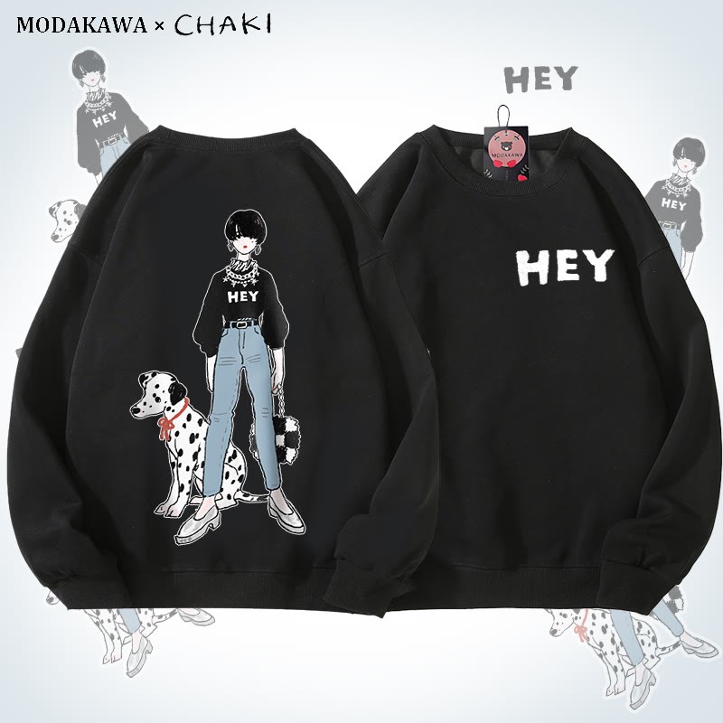 MODAKAWA X chaki ガール＆ダルメシアン グラフィック ユニセックス スウェットシャツ - Black - 5XL - image 1