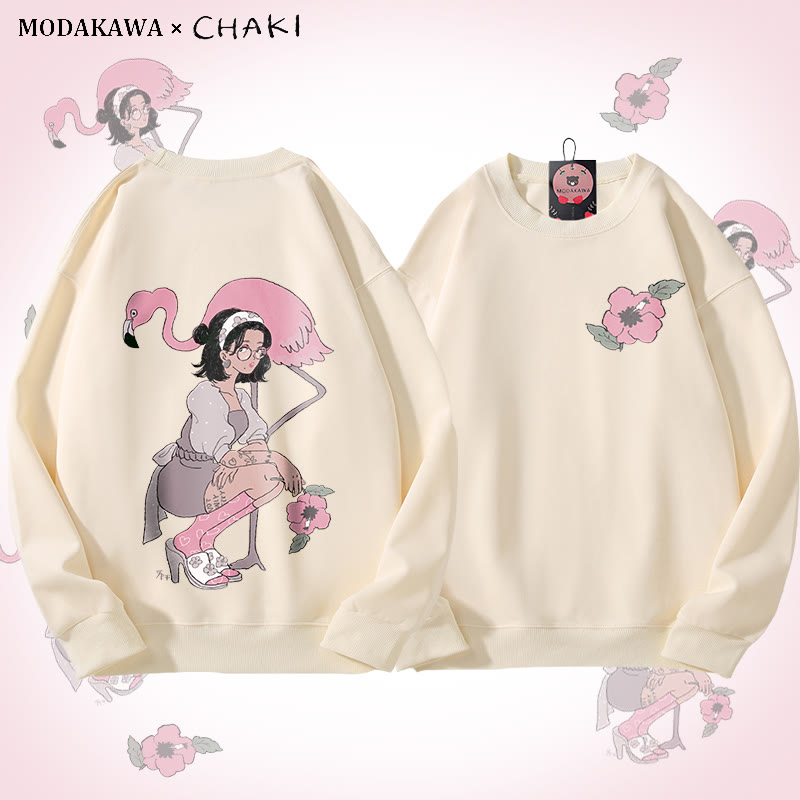 MODAKAWA X chaki ガール＆フラミンゴ グラフィック ユニセックス スウェットシャツ - Beige - 5XL - image 1