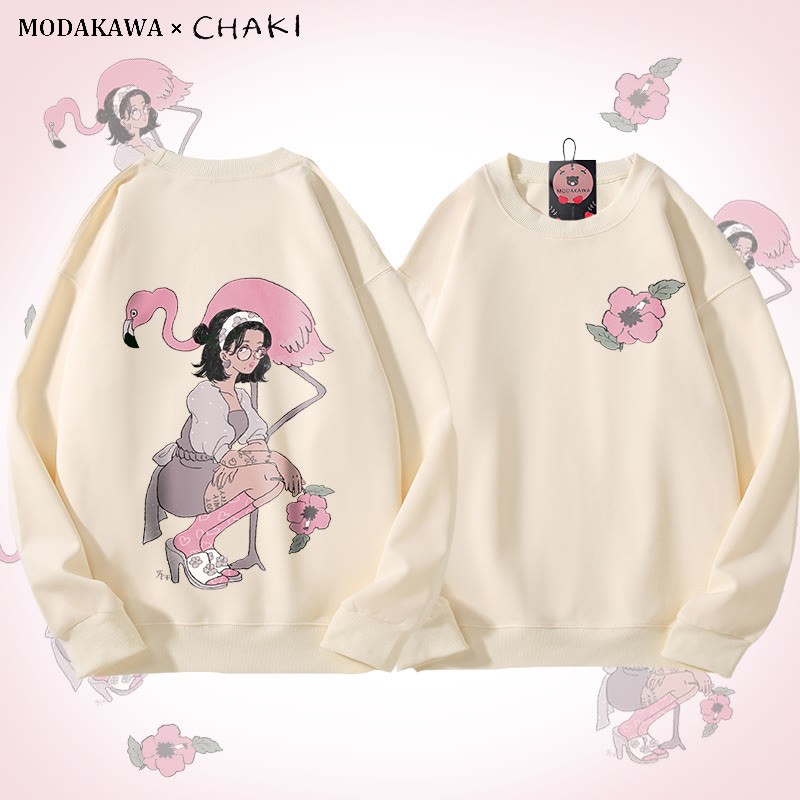 MODAKAWA X chaki ガール＆フラミンゴ グラフィック ユニセックス スウェットシャツ - Beige - 5XL - image 1