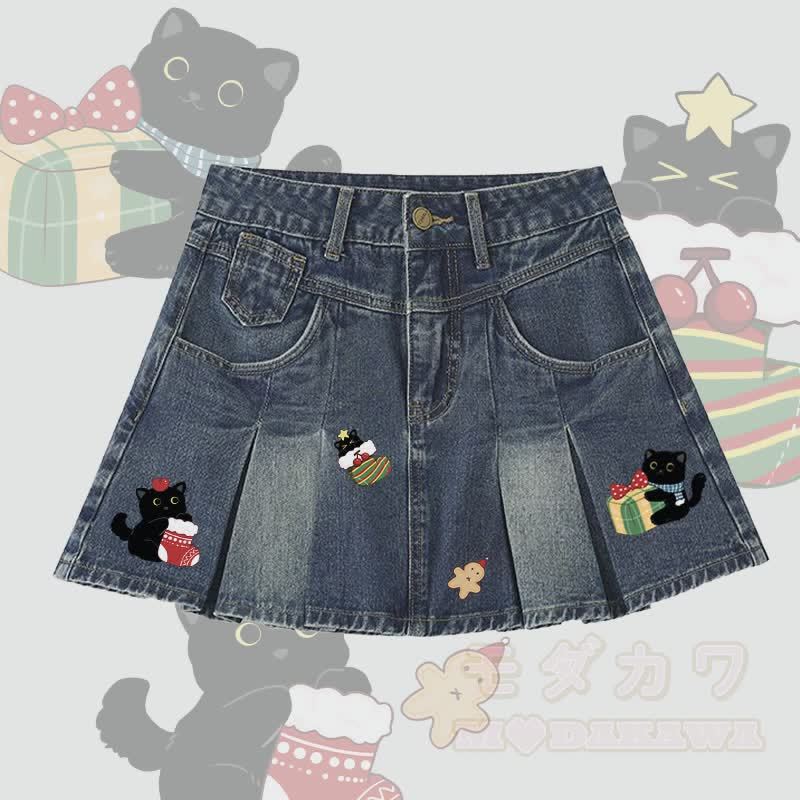 MODAKAWA クリスマス 黒猫 グラフィック デニム プリーツスカート - ダークブルー - 5XL - image 2