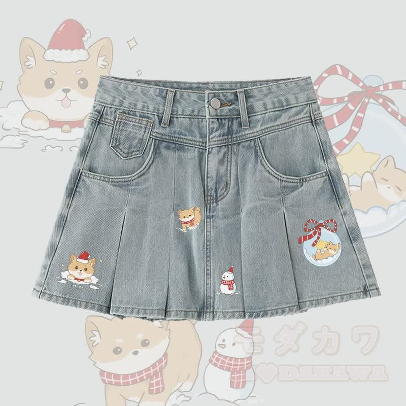 MODAKAWA クリスマスパピーグラフィックデニムプリーツスカート - 青 - 5XL - image 2