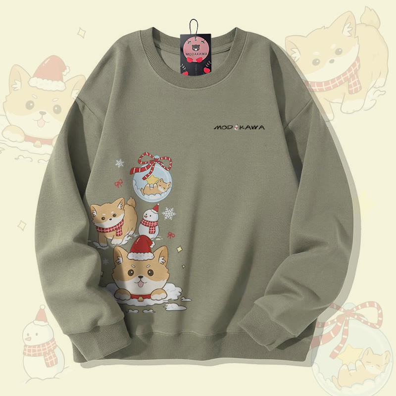MODAKAWA クリスマス パピー グラフィック ユニセックス スウェットシャツ - Light Khaki - 5XL - image 1