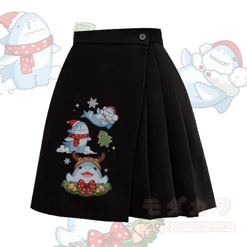 MODAKAWA クリスマスシャークグラフィックイレギュラープリーツスカート - 黒 - L - image 1