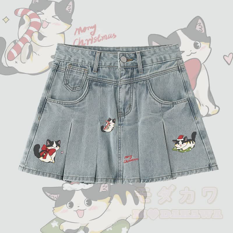 MODAKAWA 遊び心のあるクリスマス黒猫グラフィックデニムプリーツスカート - 青 - 5XL - image 1