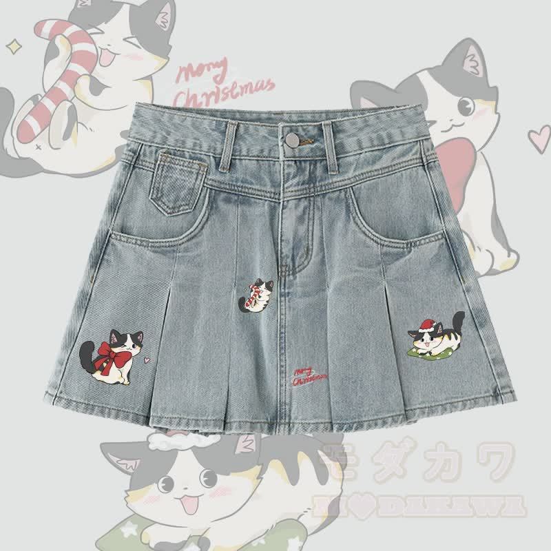 MODAKAWA 遊び心のあるクリスマス黒猫グラフィックデニムプリーツスカート - 青 - 5XL - image 1