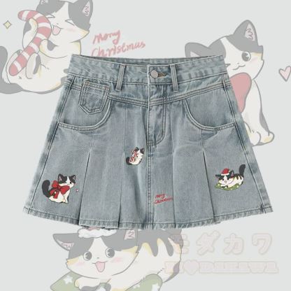 MODAKAWA 遊び心のあるクリスマス黒猫グラフィックデニムプリーツスカート - 青 - 5XL - image 1