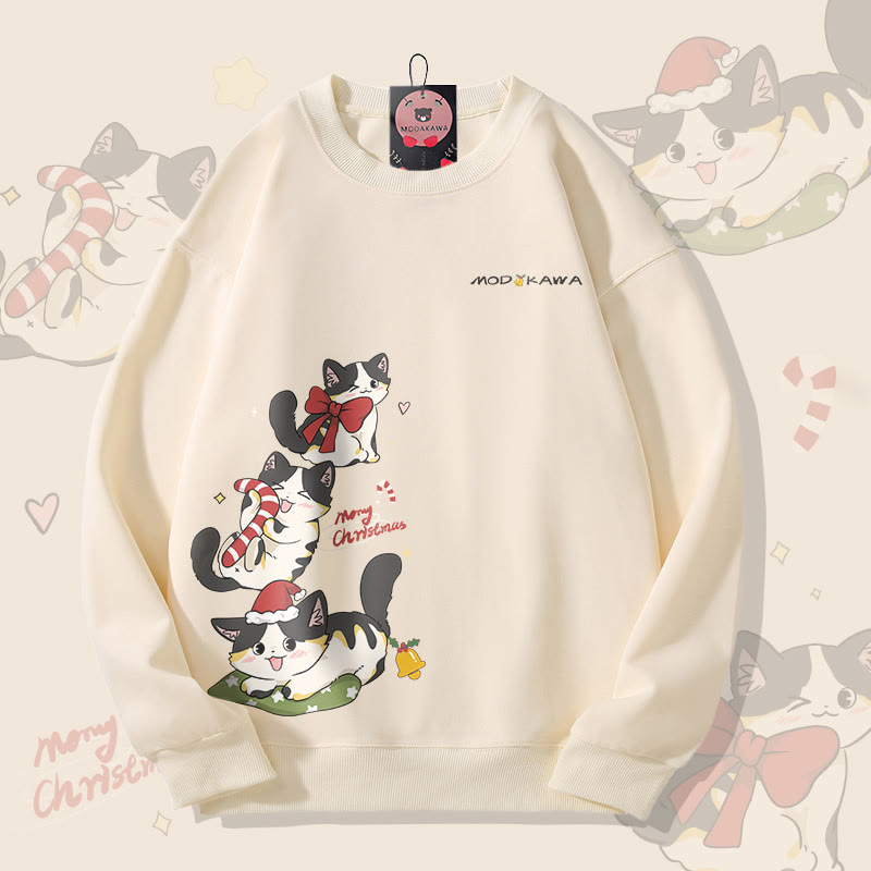 MODAKAWA 遊び心のあるクリスマス黒猫グラフィック ユニセックス スウェットシャツ - Beige - 5XL - image 1