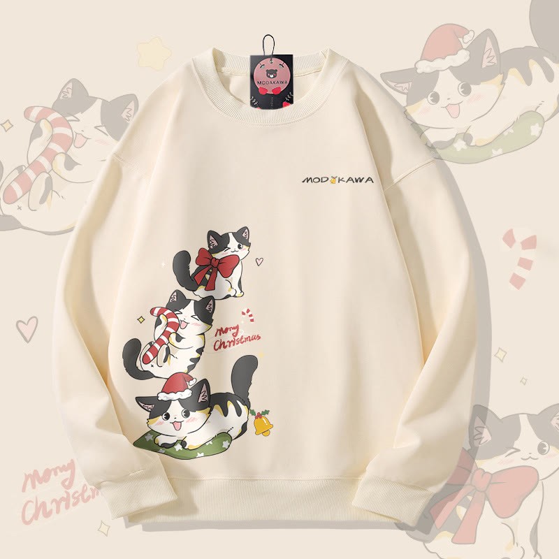 MODAKAWA 遊び心のあるクリスマス黒猫グラフィック ユニセックス スウェットシャツ - Beige - 5XL - image 1