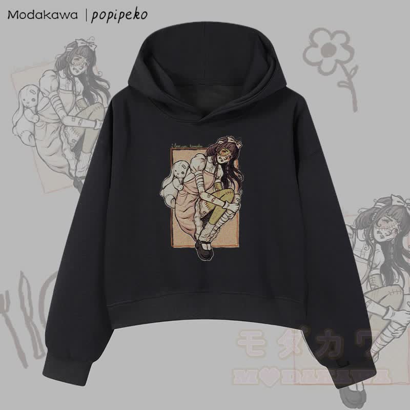 MODAKAWA X popipeko ゾンビガール グラフィック クロップド綿パーカー - 黒 - 3XL - image 1