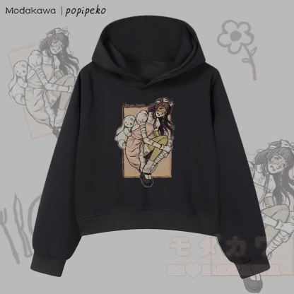 MODAKAWA X popipeko ゾンビガール グラフィック クロップド綿パーカー - 黒 - 3XL - image 1