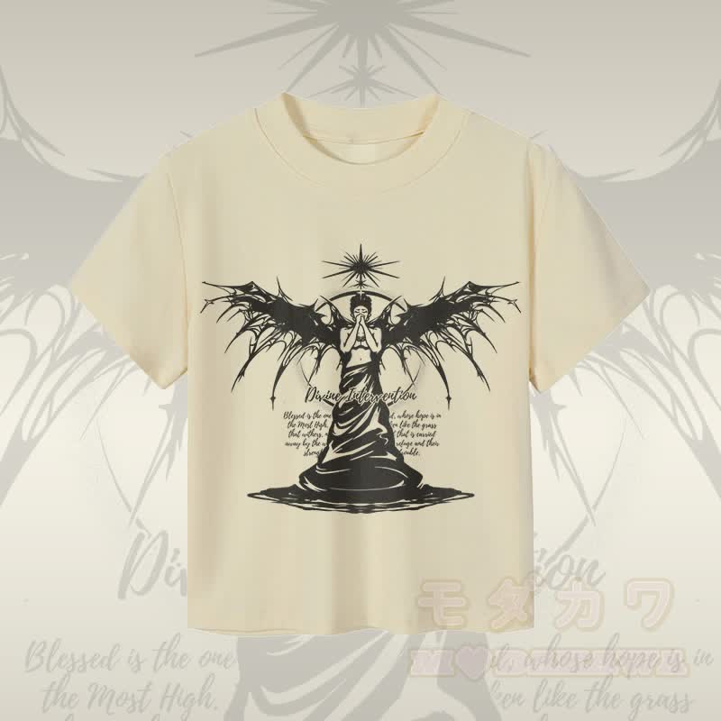 MODAKAWA DIVINE INTERVENTION ブラックウィングエンジェルグラフィック レディース クロップドTシャツ 92%コーマ綿クロップトップ - アプリコット - XL - image 3