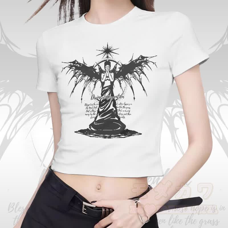 MODAKAWA DIVINE INTERVENTION ブラックウィングエンジェルグラフィック レディース クロップドTシャツ 92%コーマ綿クロップトップ - image 1