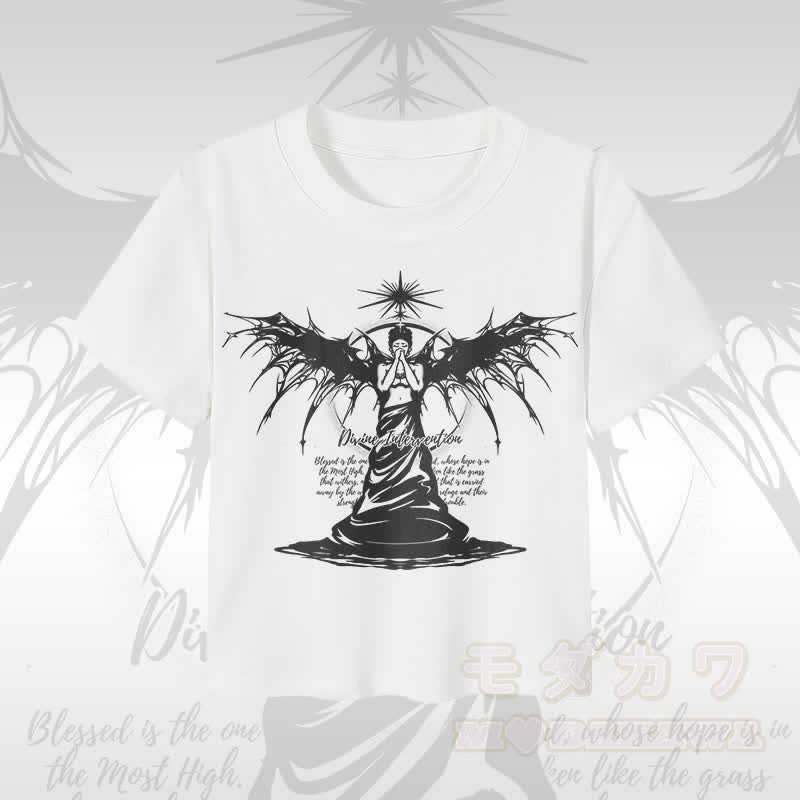 MODAKAWA DIVINE INTERVENTION ブラックウィングエンジェルグラフィック レディース クロップドTシャツ 92%コーマ綿クロップトップ - 白 - XL - image 2