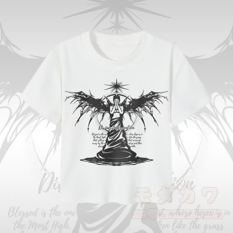 MODAKAWA DIVINE INTERVENTION ブラックウィングエンジェルグラフィック レディース クロップドTシャツ 92%コーマ綿クロップトップ - 白 - XL - image 2