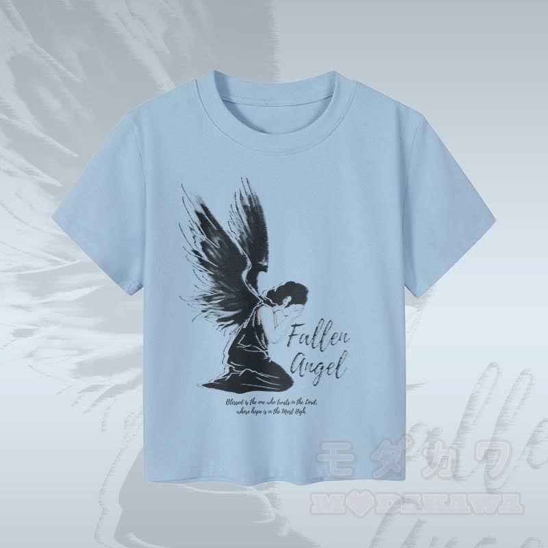 MODAKAWA Fallen Angel グラフィック レディース クロップドTシャツ 92% コーマ綿クロップトップ - 青 - XL - image 2
