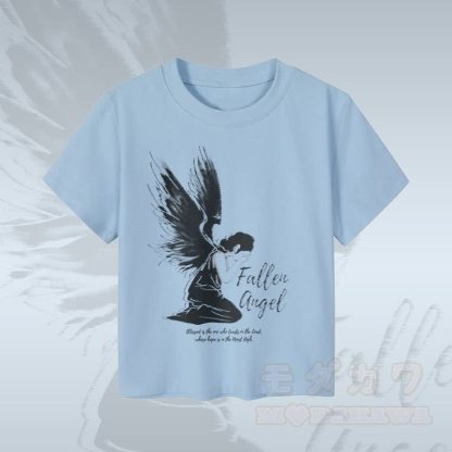 MODAKAWA Fallen Angel グラフィック レディース クロップドTシャツ 92% コーマ綿クロップトップ - 青 - XL - image 2