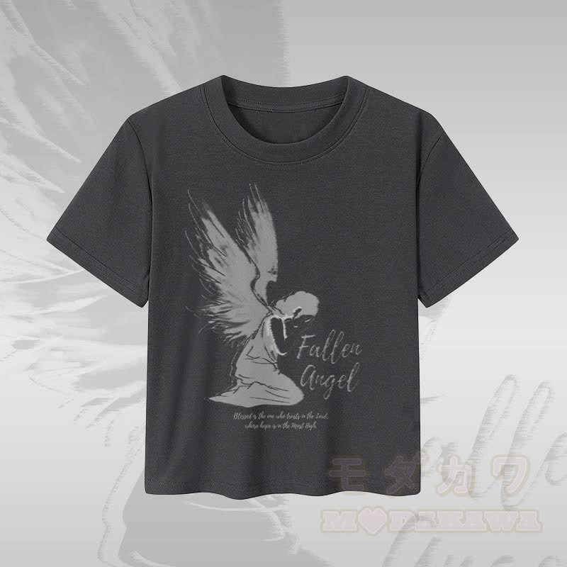 MODAKAWA Fallen Angel グラフィック レディース クロップドTシャツ 92% コーマ綿クロップトップ - ダークグレー - XL - image 1