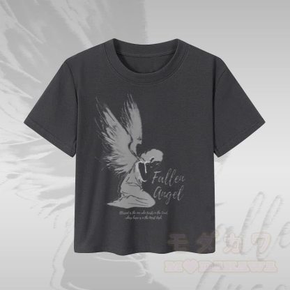 MODAKAWA Fallen Angel グラフィック レディース クロップドTシャツ 92% コーマ綿クロップトップ - ダークグレー - XL - image 1