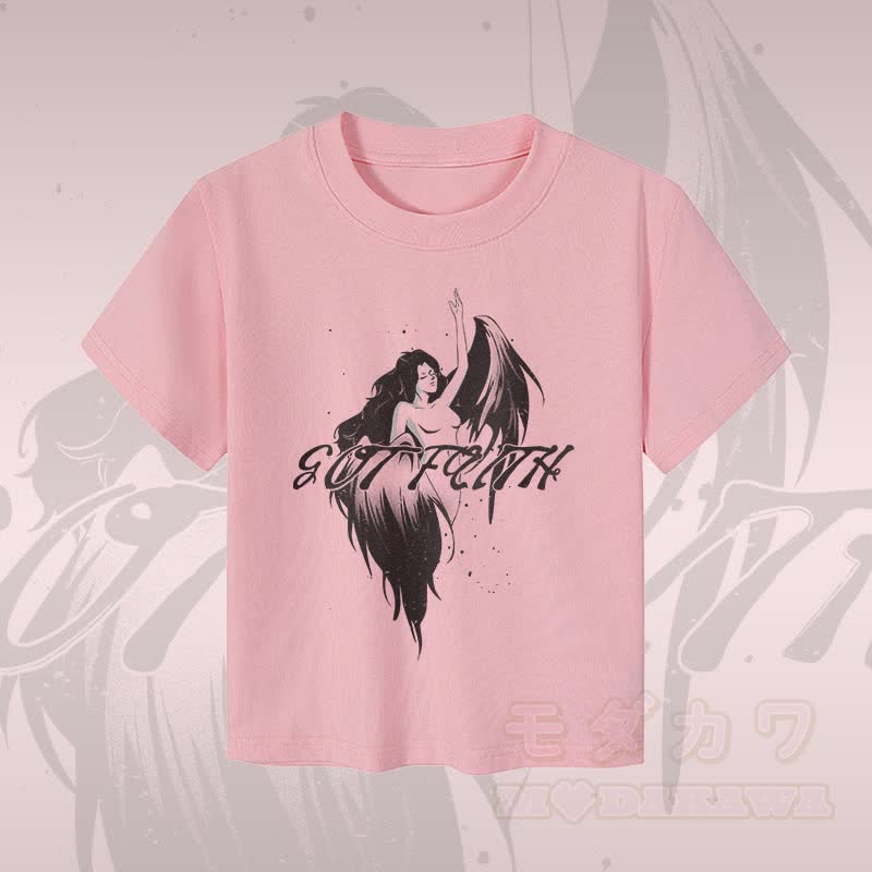 MODAKAWA GOT FAITH エンジェルグラフィック レディース クロップドTシャツ 92% コーマ綿クロップトップ - ピンク - XL - image 2