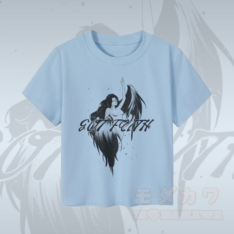 MODAKAWA GOT FAITH エンジェルグラフィック レディース クロップドTシャツ 92% コーマ綿クロップトップ - 青 - XL - image 1