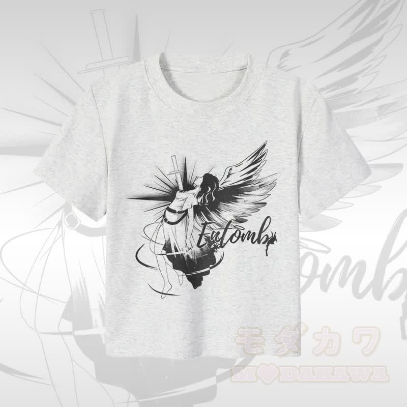MODAKAWA ENTOMB Fallen Angel グラフィック レディース クロップドTシャツ 92% コーマ綿クロップトップ - 白 - XL - image 1