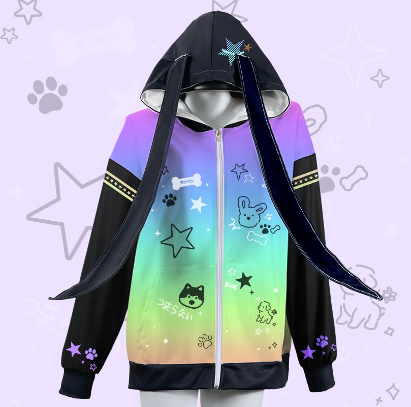 MODAKAWA グラデーションアニマルグラフィックジッパーロングバニーイヤーパーカー - Purple - 4XL - image 1