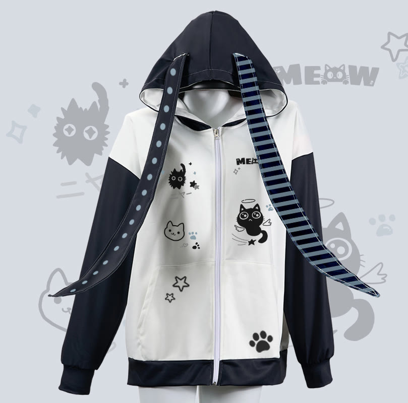 MODAKAWA キュートなキティグラフィック ジッパー ロング うさぎ耳 パーカー - White - 4XL - image 1